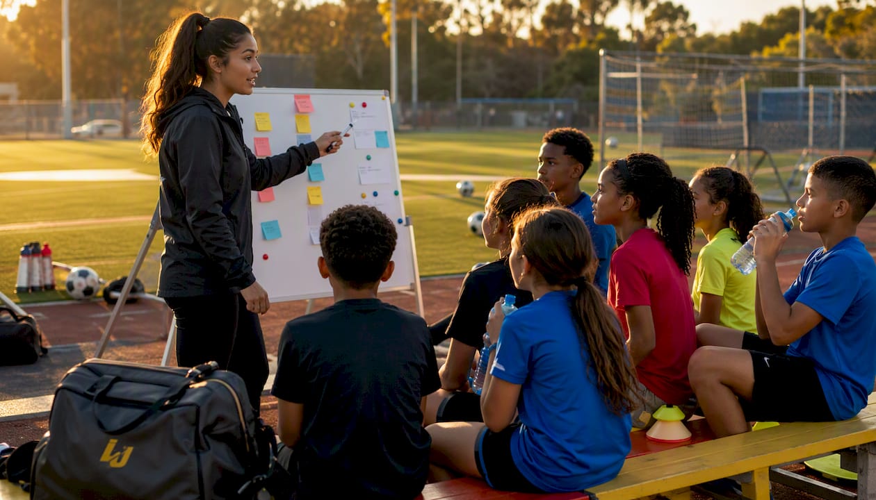 Coach explaining process goals to young athletes