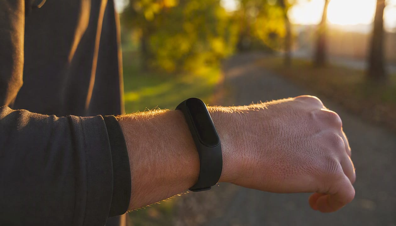 Athlete wrist with fitness tracker close-up