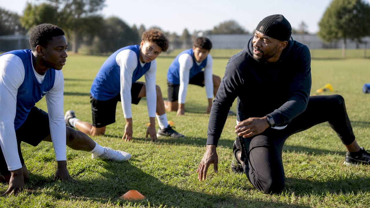 Coach demonstrating warm-up exercises with athletes
