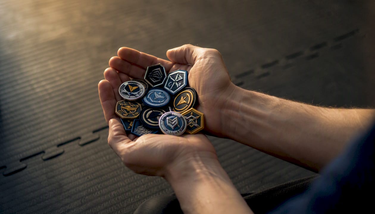 Athlete hands holding progress badges