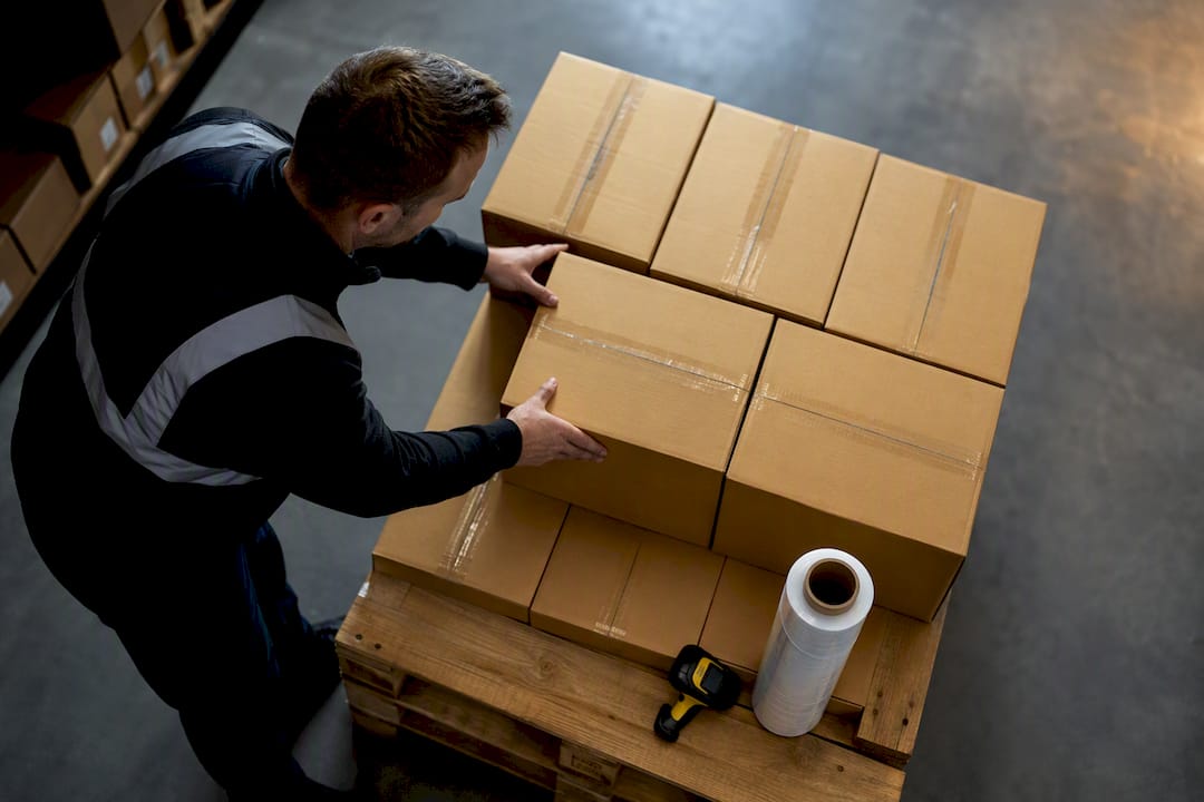 Staff palletising club merchandise cartons