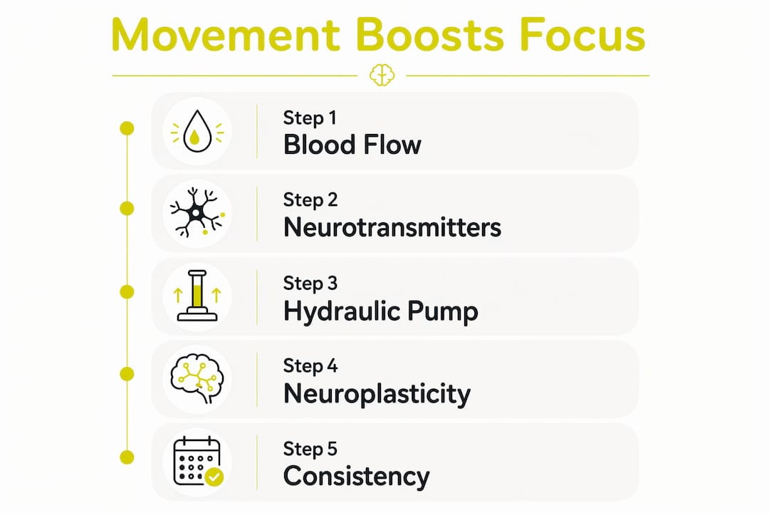 Infographic illustrating steps of movement improving focus