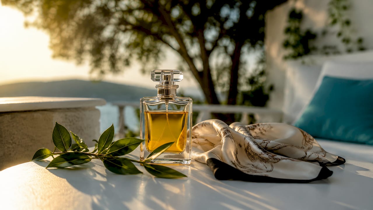Classic Chanel No.5 bottle with vintage accessories