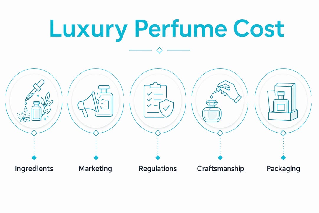 Infographic illustrating factors influencing luxury perfume costs