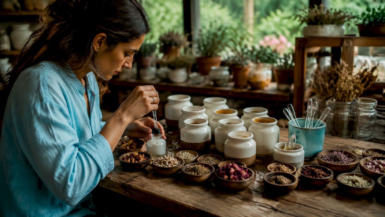Close-up of natural perfume ingredients on workbench