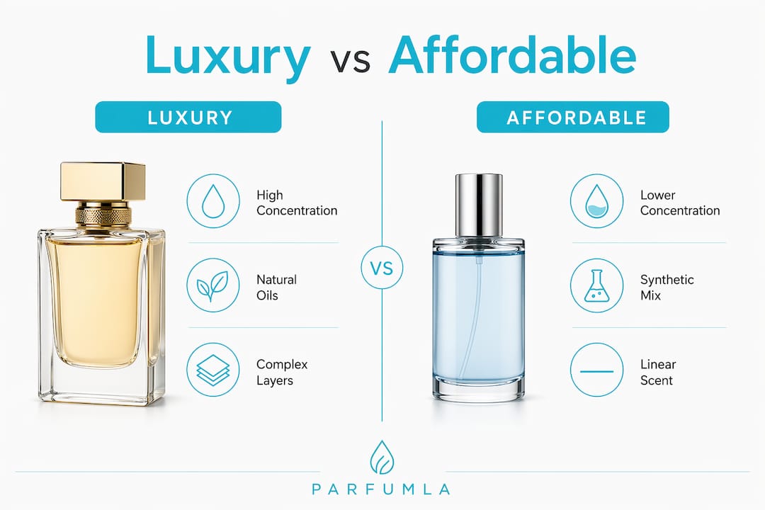 Infographic comparing luxury and affordable fragrances