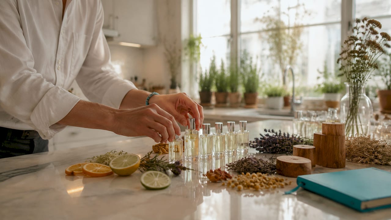 Hands arranging unisex perfume scent notes