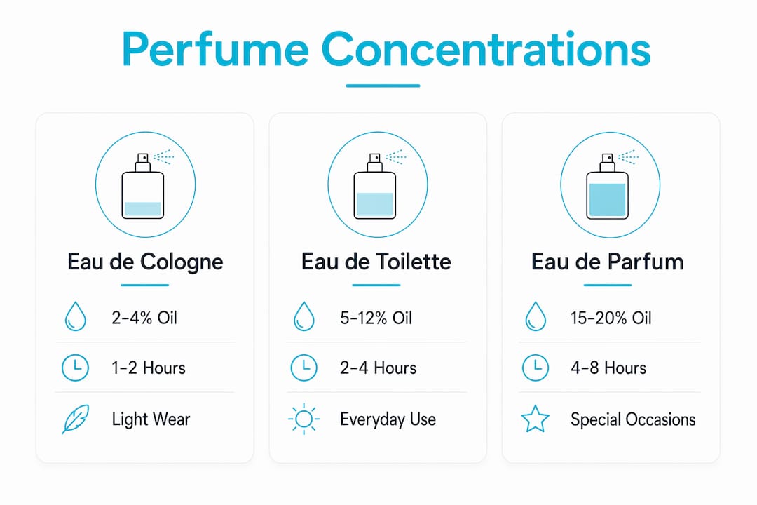 Infographic comparing perfume concentration levels and longevity
