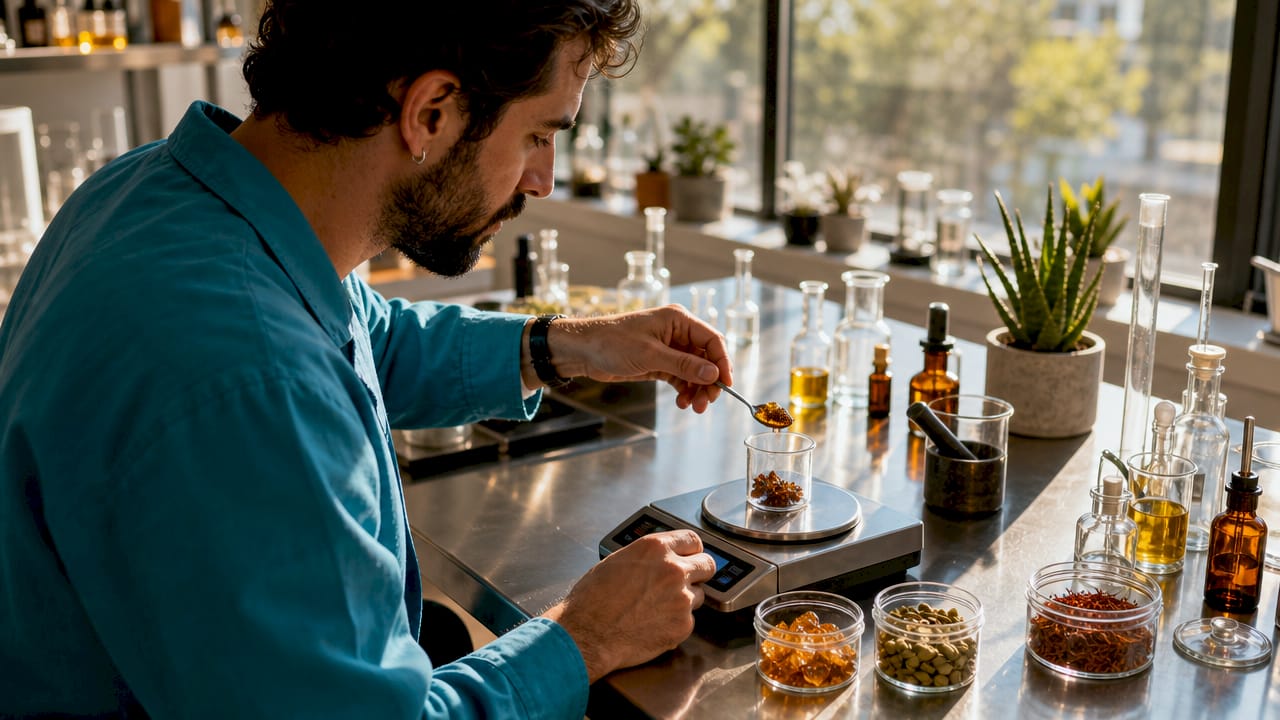 Close-up of perfumer handling fragrance ingredients