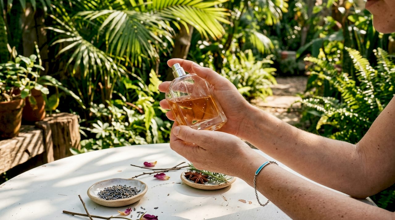 Hands examining perfume bottle and base notes