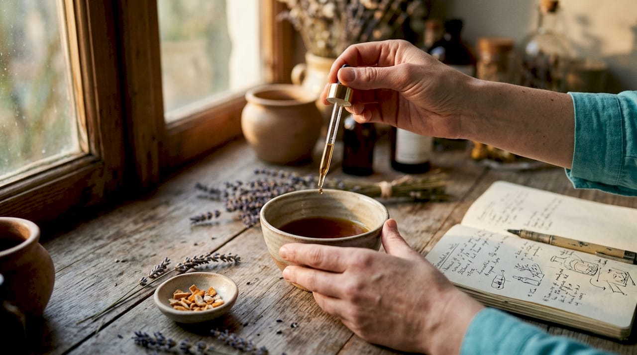 Close-up of hands measuring fragrance ingredients