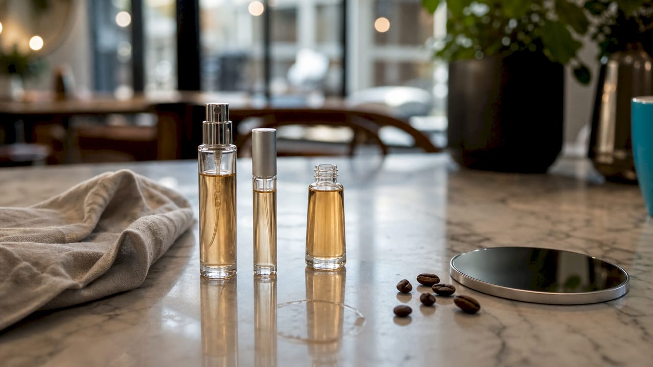 Travel perfume types overhead flat lay