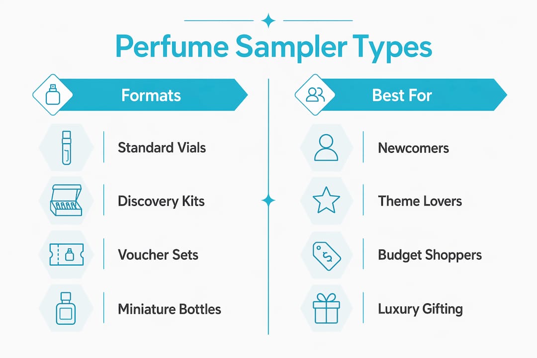 Infographic comparing types of perfume samplers and their ideal users
