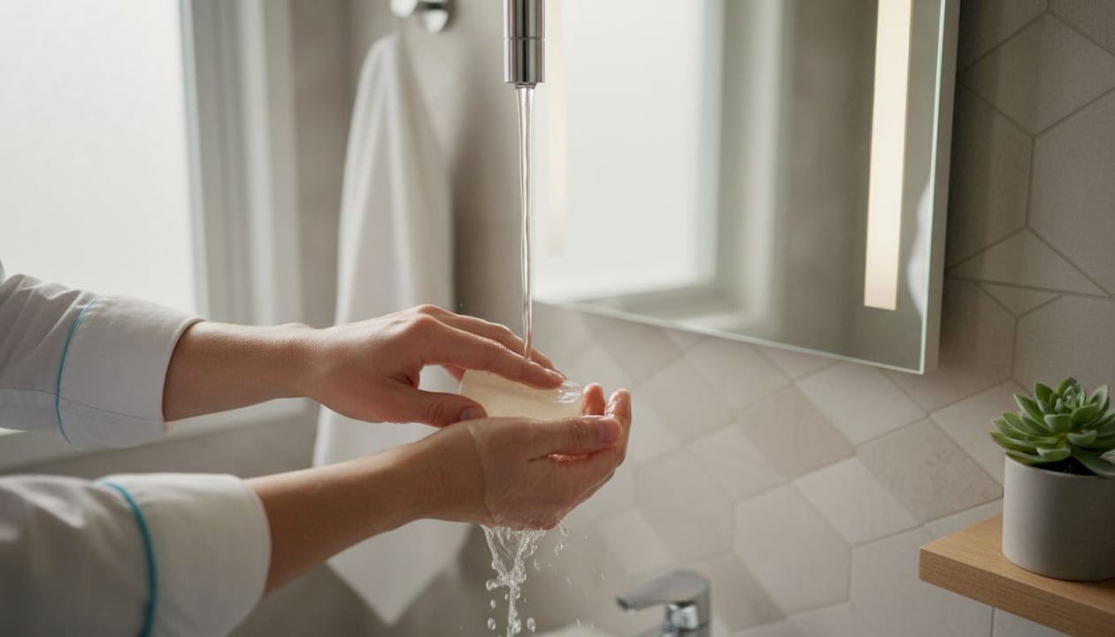 Hands washing wrists before perfume application