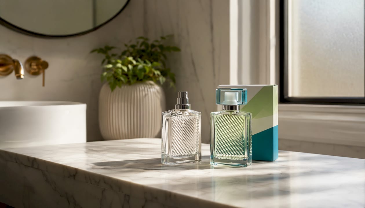 Close-up of tester and retail perfume bottles
