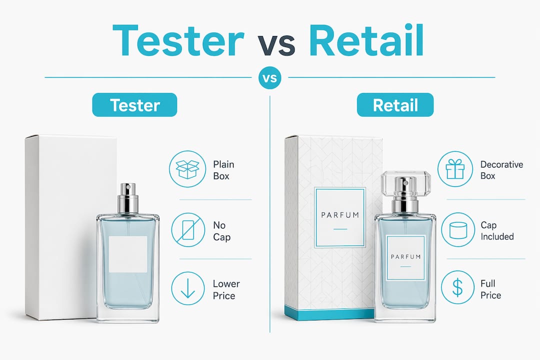 Infographic comparing tester and retail perfume features