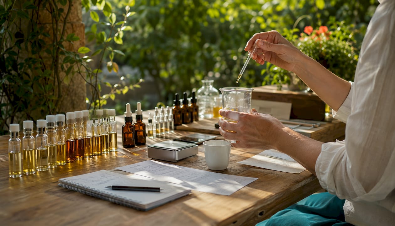 Perfumer mixing synthetic fragrance molecules