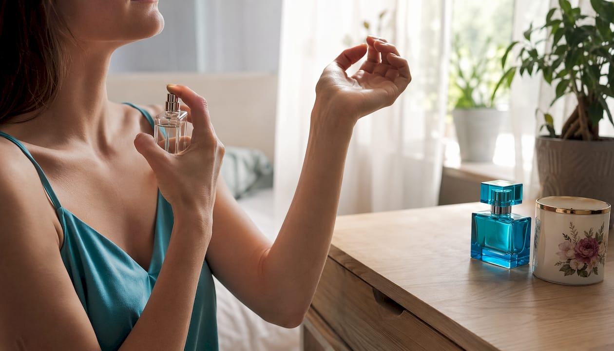 Close-up of hands applying perfume to pulse points