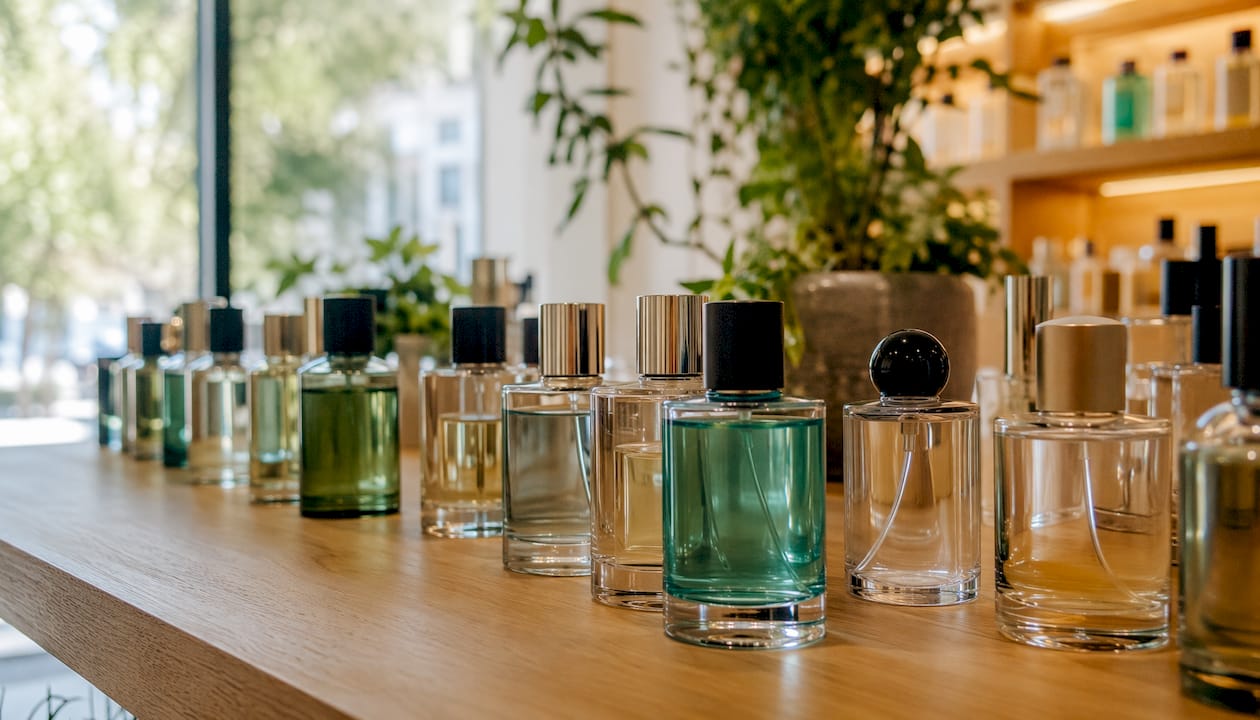 Display of popular unisex fragrance bottles