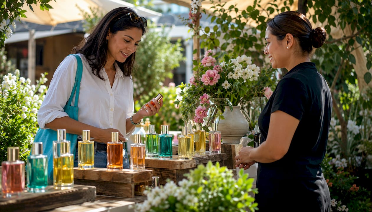 Shopper exploring floral perfume subfamilies