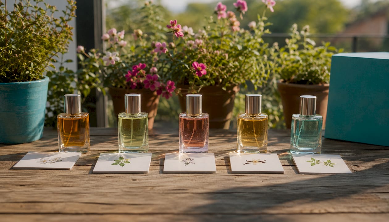 Perfume bottles with scent note cards on vanity