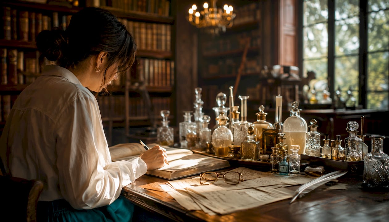 Historical perfume bottles and old documents on desk