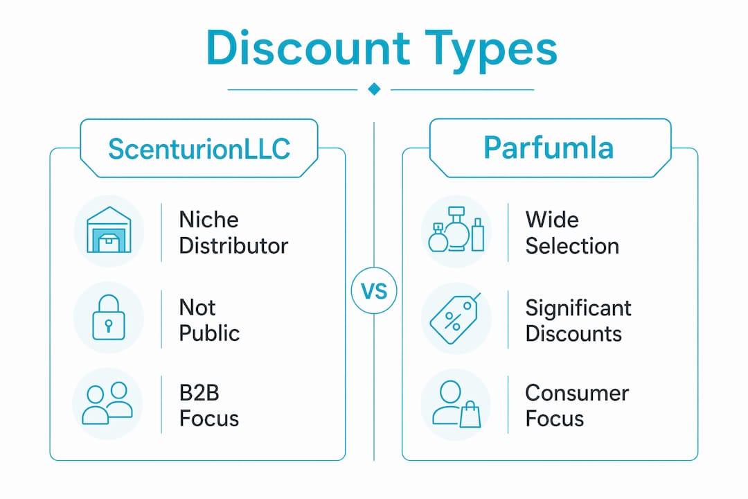 Infographic comparing discount types between ScenturionLLC and Parfumla