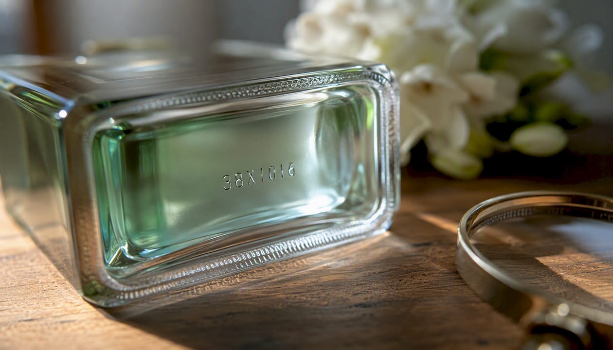 Batch code embossed on perfume bottle base