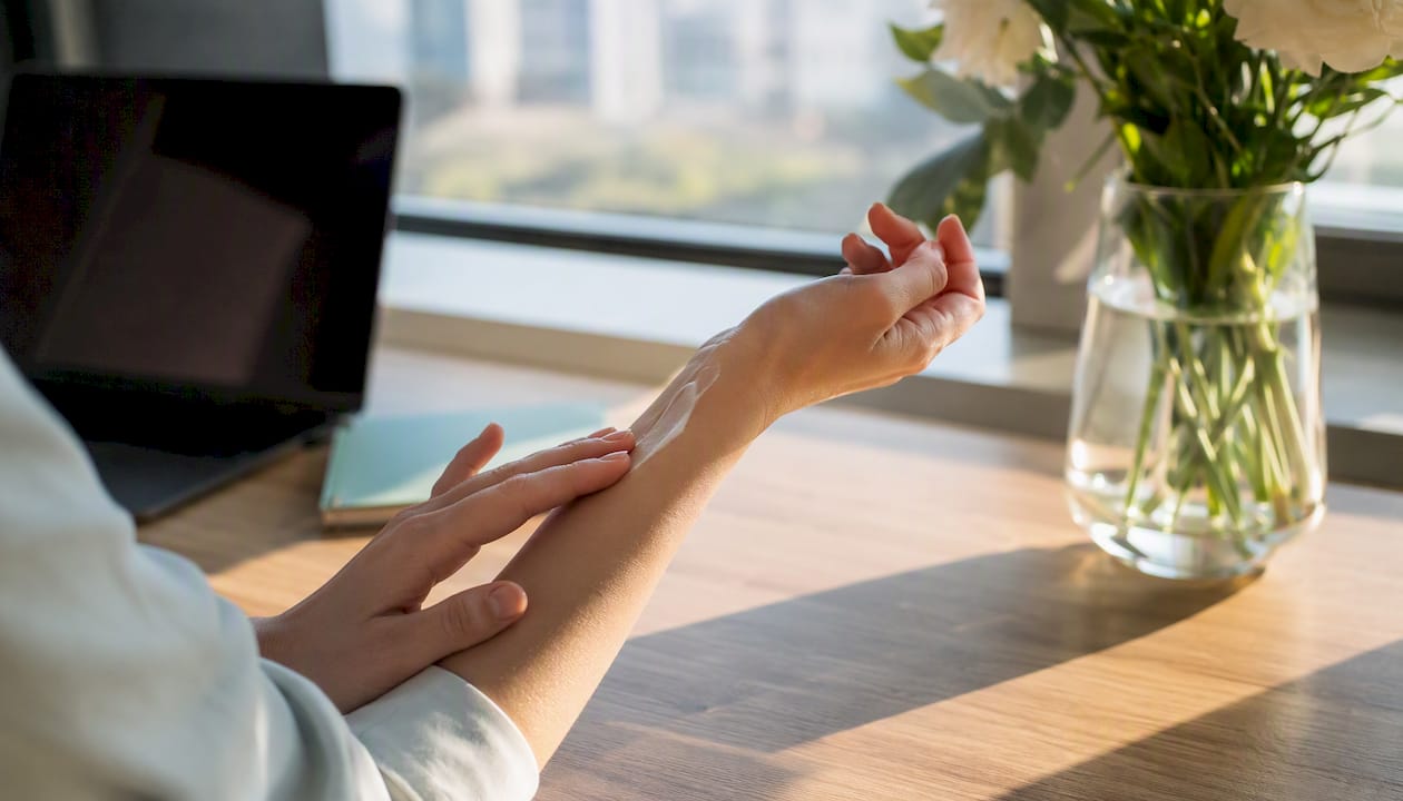 Applying unscented lotion on arm for perfume layering