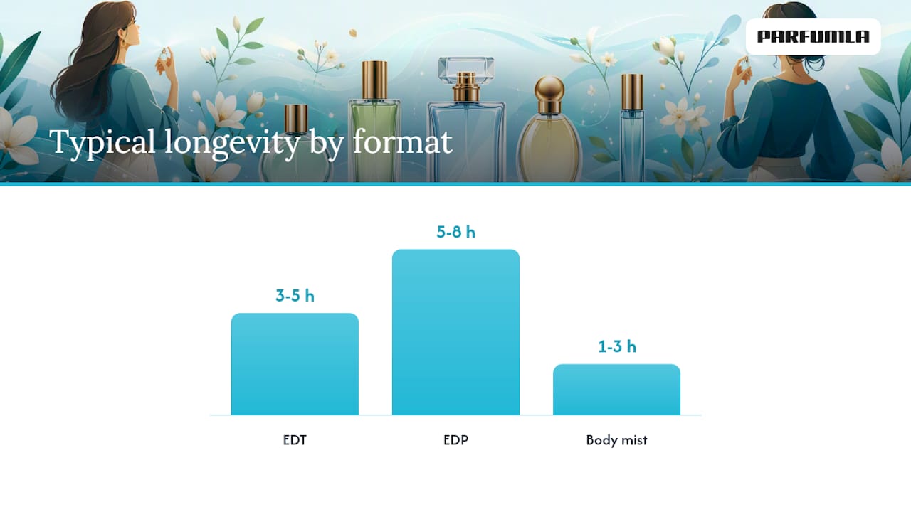 Diagram comparing perfume formats by intensity and duration