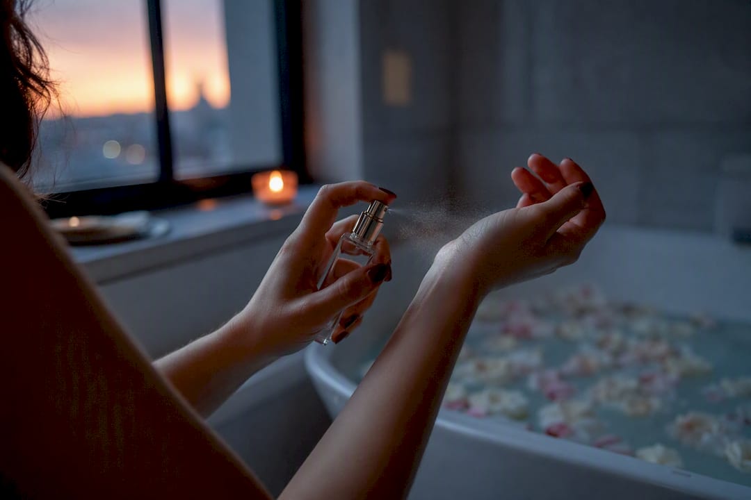 Woman spraying perfume on wrist at evening