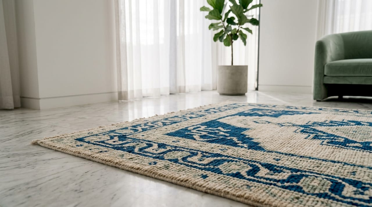 Close-up of hand-knotted artisan rug texture and fibers