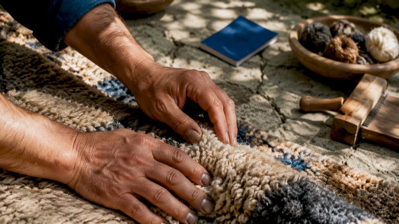 Hands feeling textured wool luxury rug