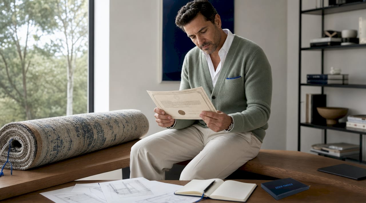Hands reviewing certificate and limited edition rug