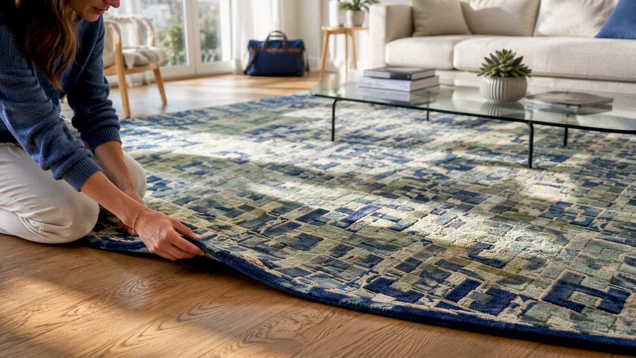 Hand positioning Tibetan knot rug in elegant home study