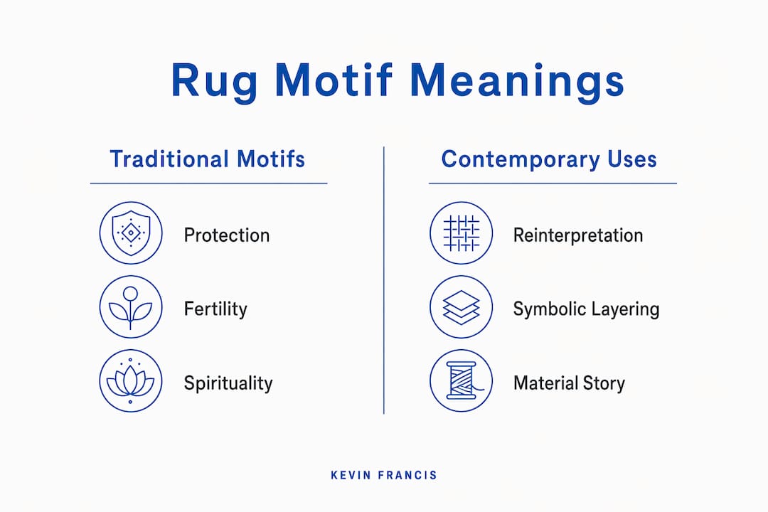 Infographic comparing traditional and contemporary rug motif meanings