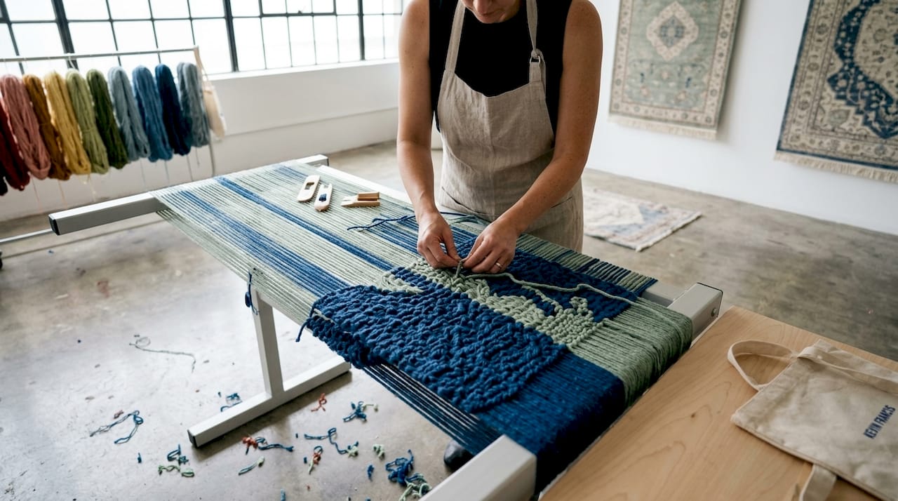 Close-up of hands knotting bespoke rug fibers
