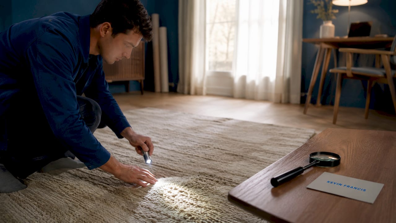 Hands examining rug pile texture with flashlight