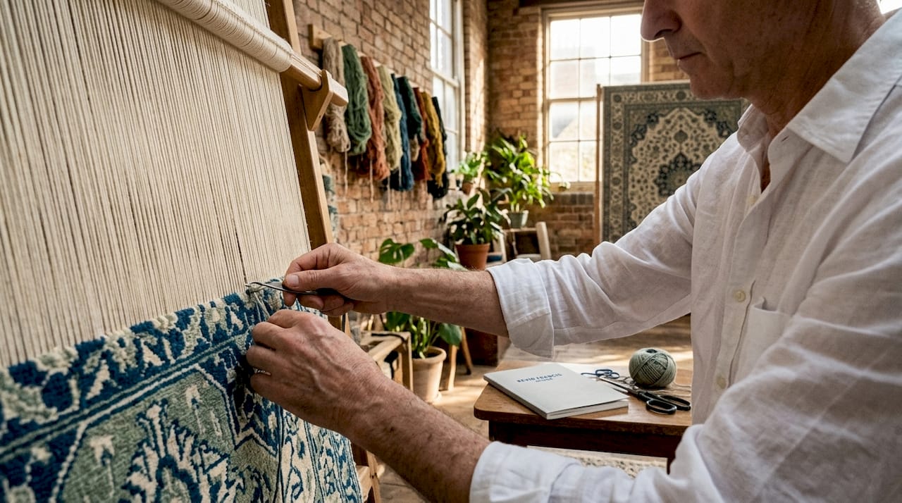 Artisan hand-knotting luxury rug on loom