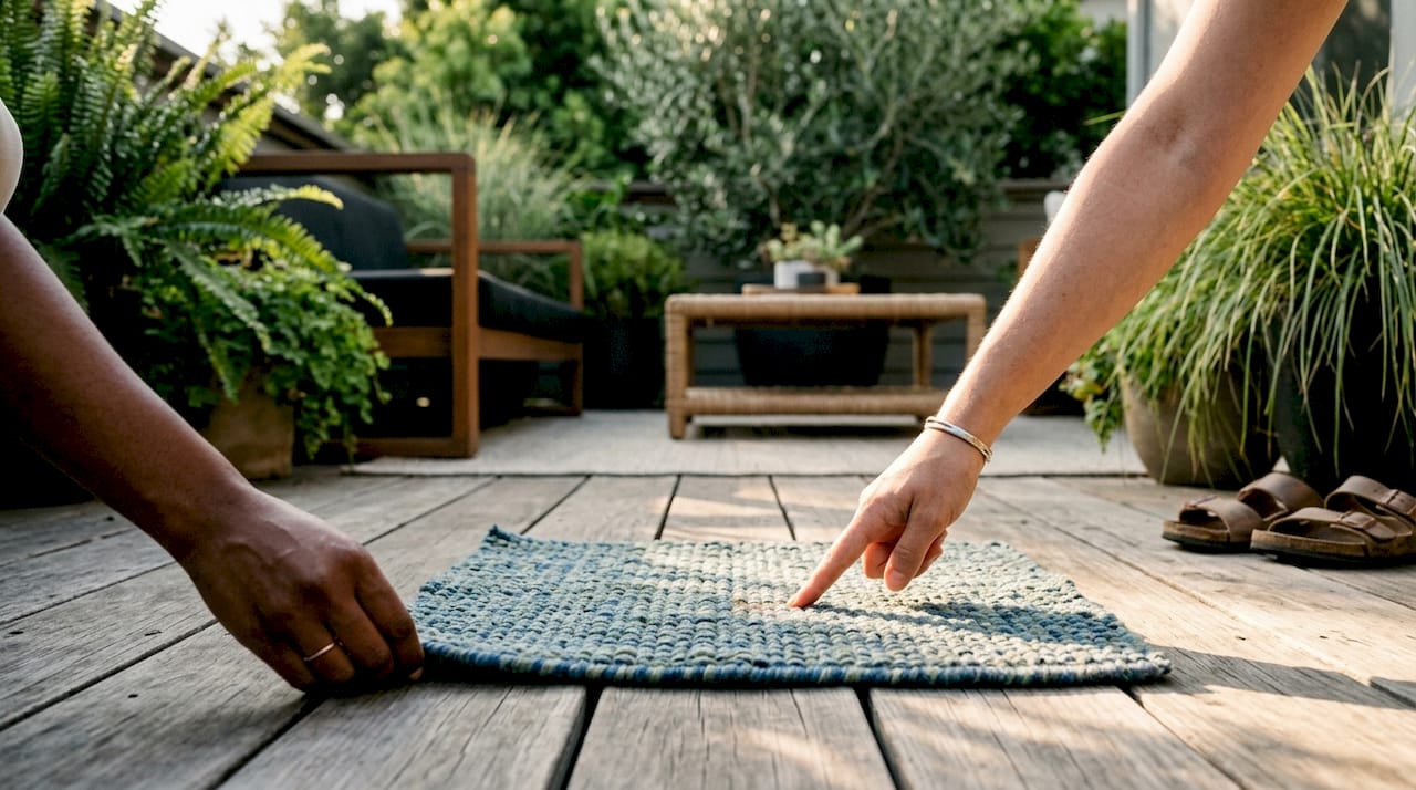 Hands positioning rug strike-off sample on hardwood floor