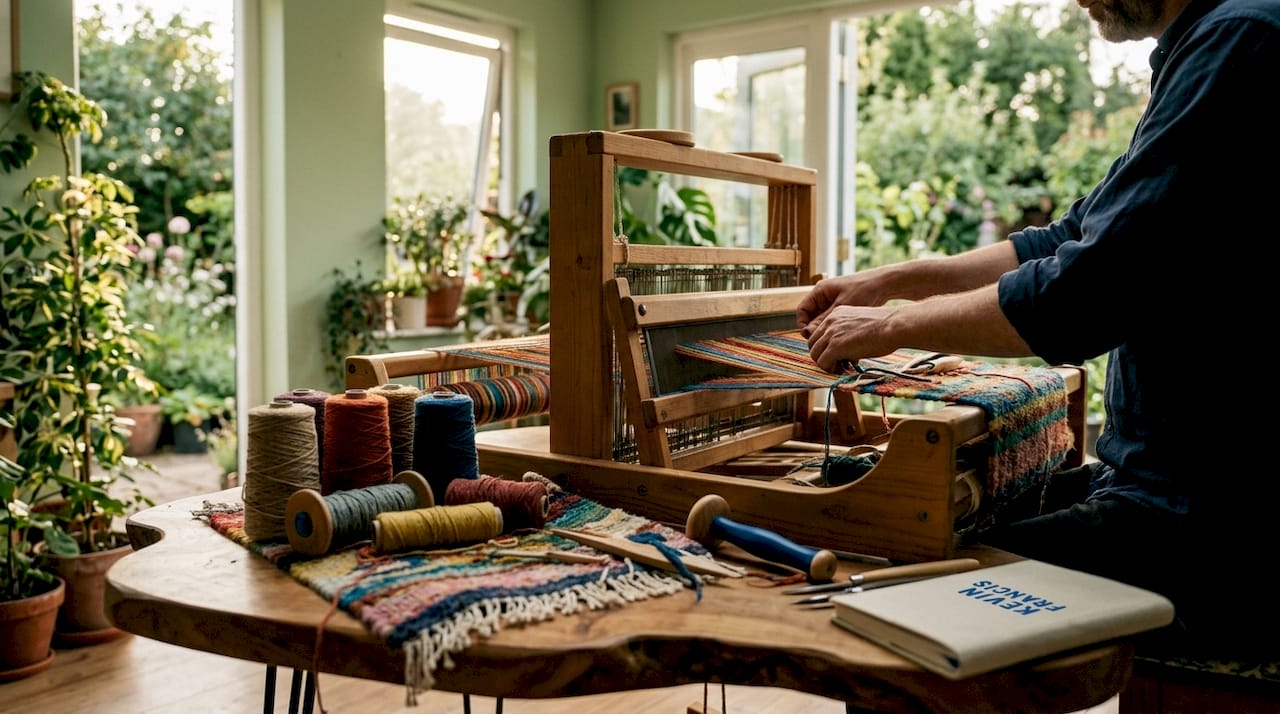 Artisan weaving a handwoven rug on loom