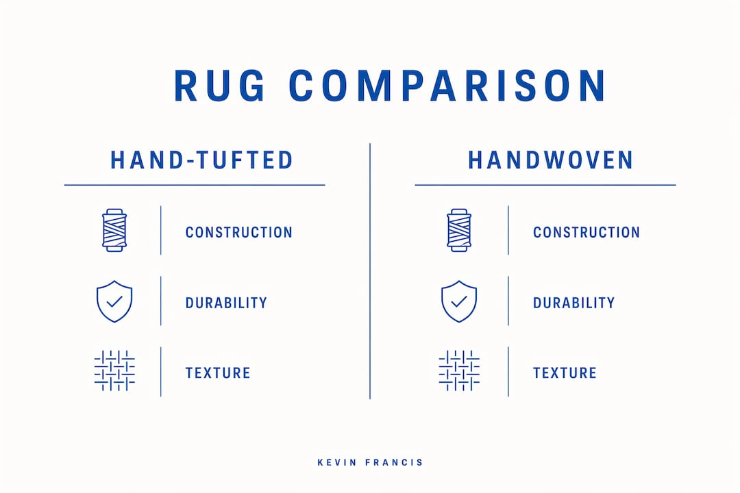 Infographic comparing hand-tufted and handwoven rug features