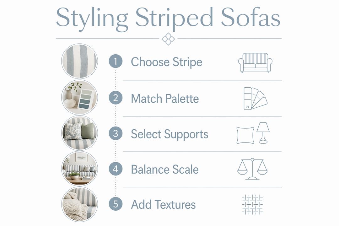 Infographic showing steps to style a striped sofa