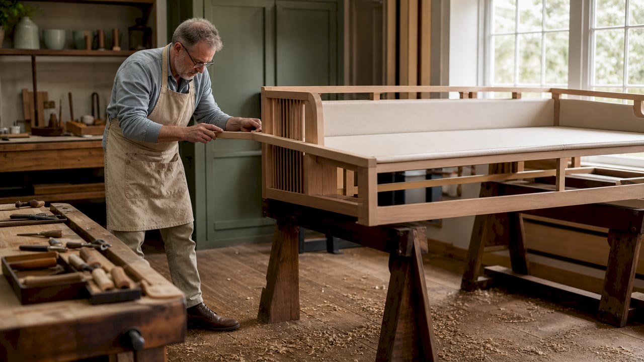 Craftsman sanding custom sofa frame in workshop