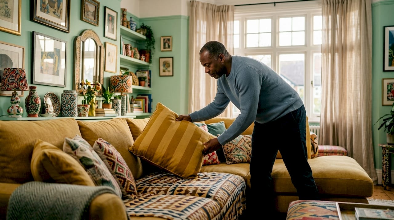 Man styling striped sofa cushion in maximalist living room