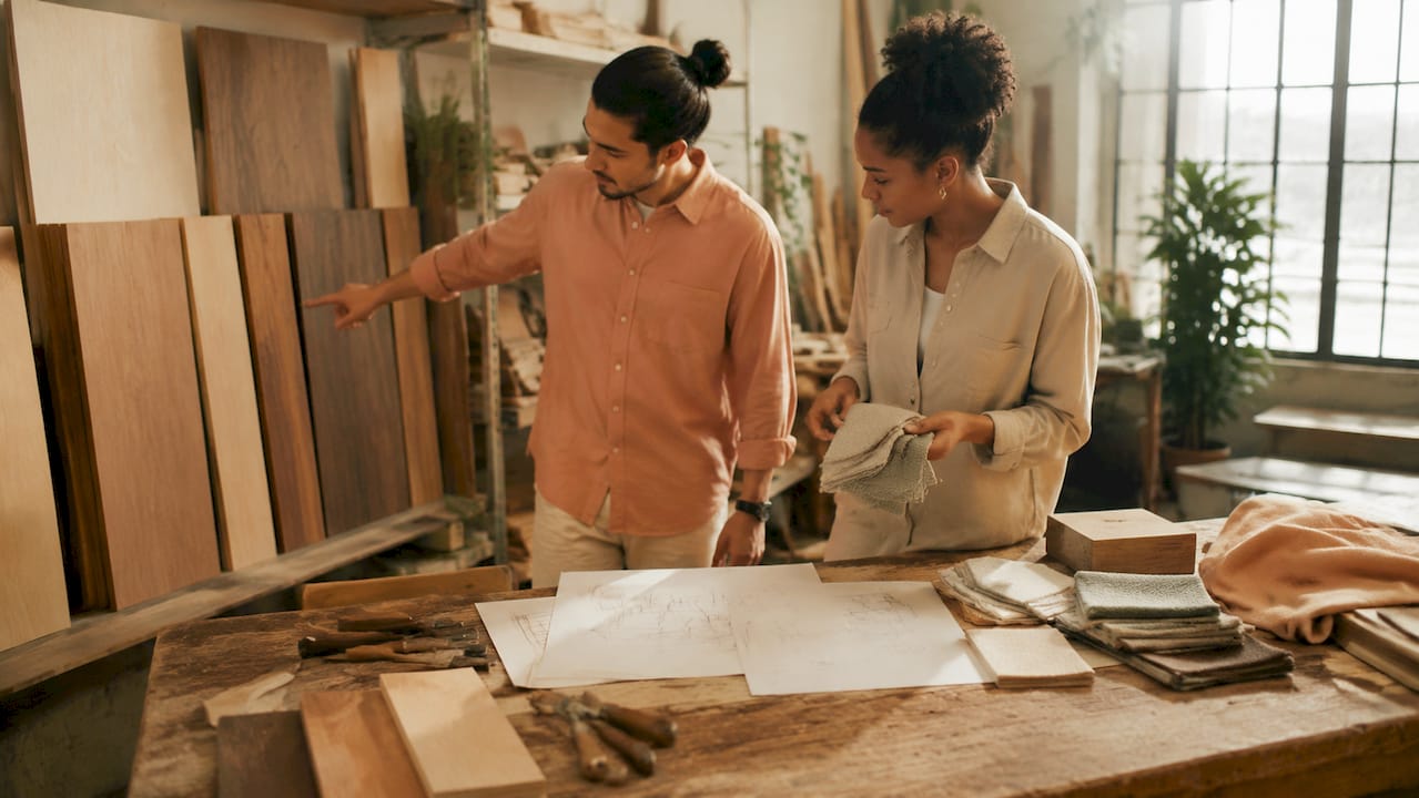 Hands examining eco-certified wood and fabric samples