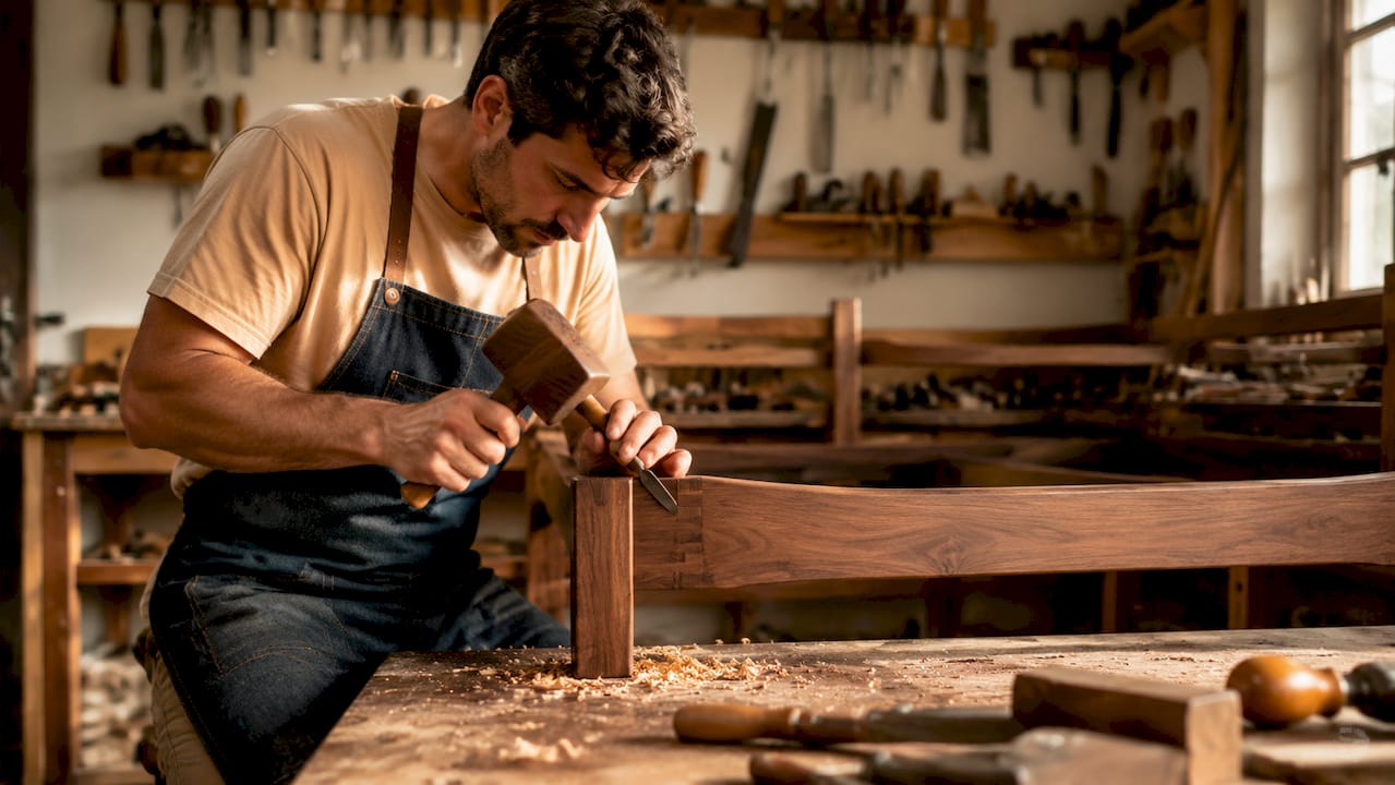 Hands crafting hardwood sofa frame joinery