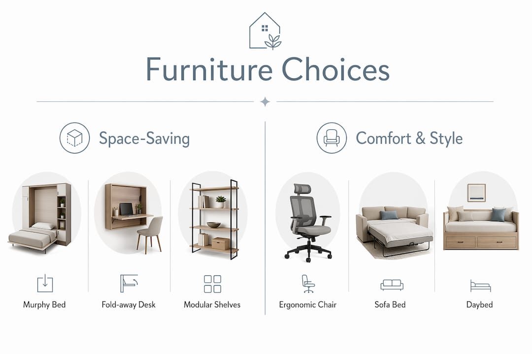 Infographic comparing furniture furniture choices for dual purpose office