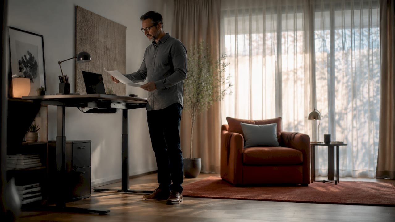 Man working at standing desk in flex room