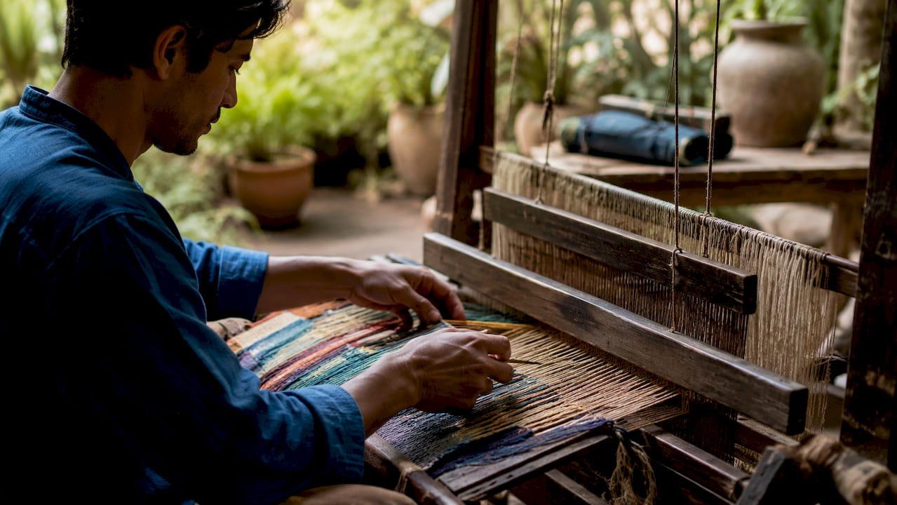 Close-up hands tying knots on handwoven rug loom